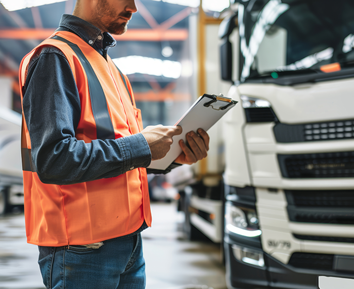 A man holds a clipboard and inspects a semi-truck