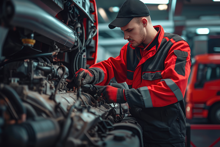 A person inspects under-hood components of a semi-truck